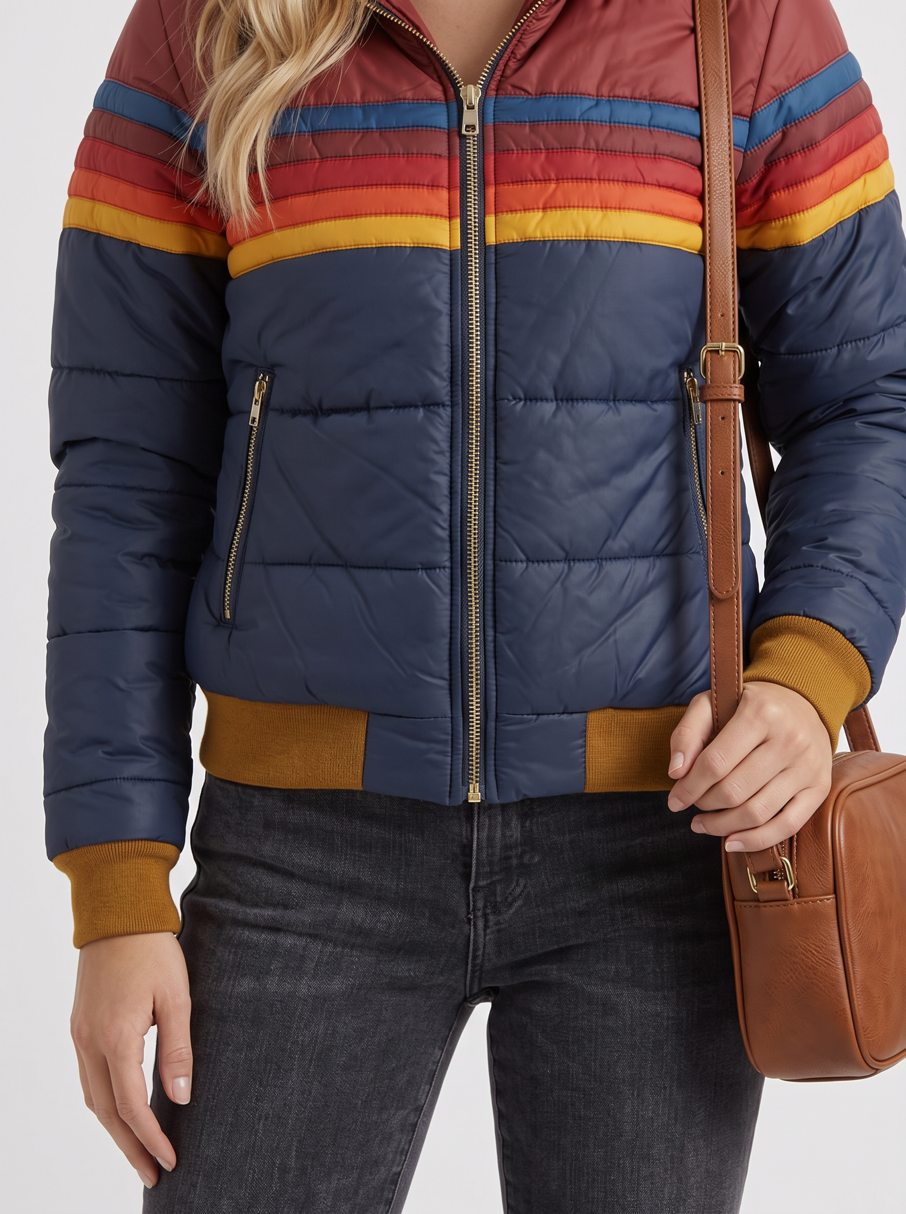 Women navy blue jacket with sherpa lined hood and striped chest panel
