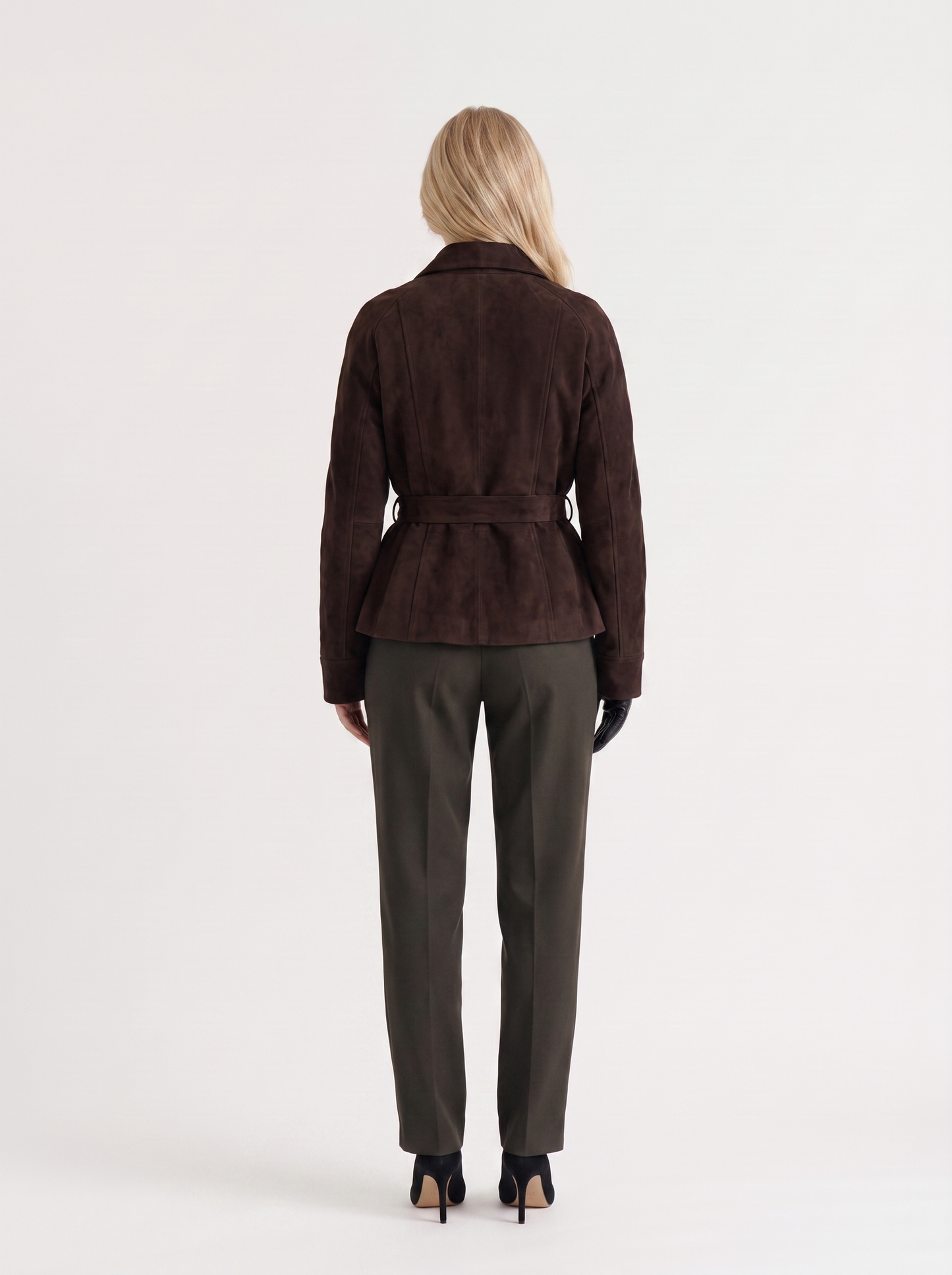 Women dark brown jacket with shawl collar and wrap front