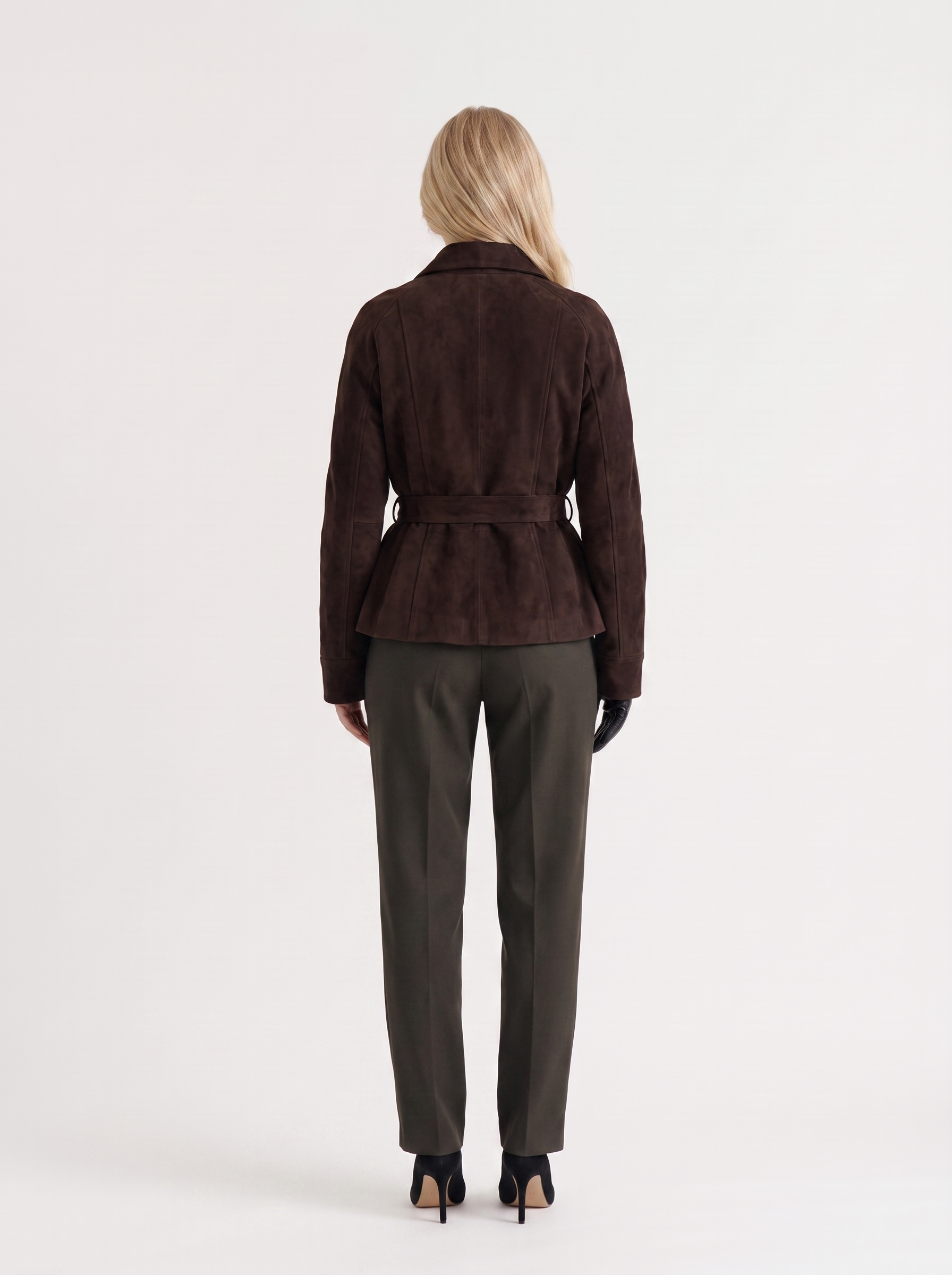 Women dark brown jacket with shawl collar and wrap front