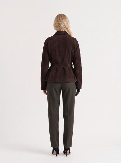 Women dark brown jacket with shawl collar and wrap front