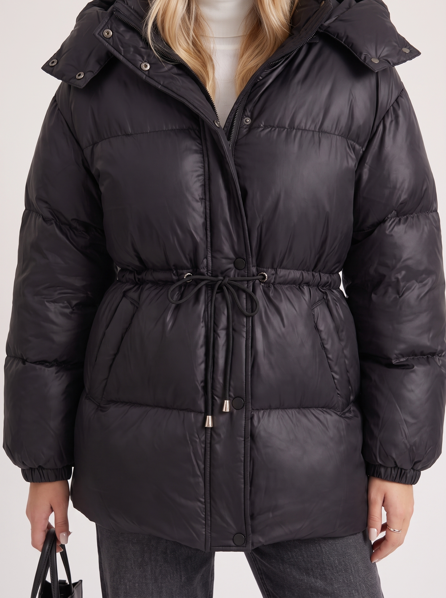 Women black jacket with hooded design and zip front closure