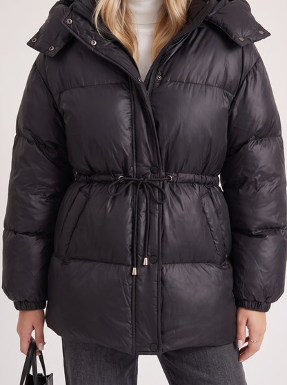 Women black jacket with hooded design and zip front closure