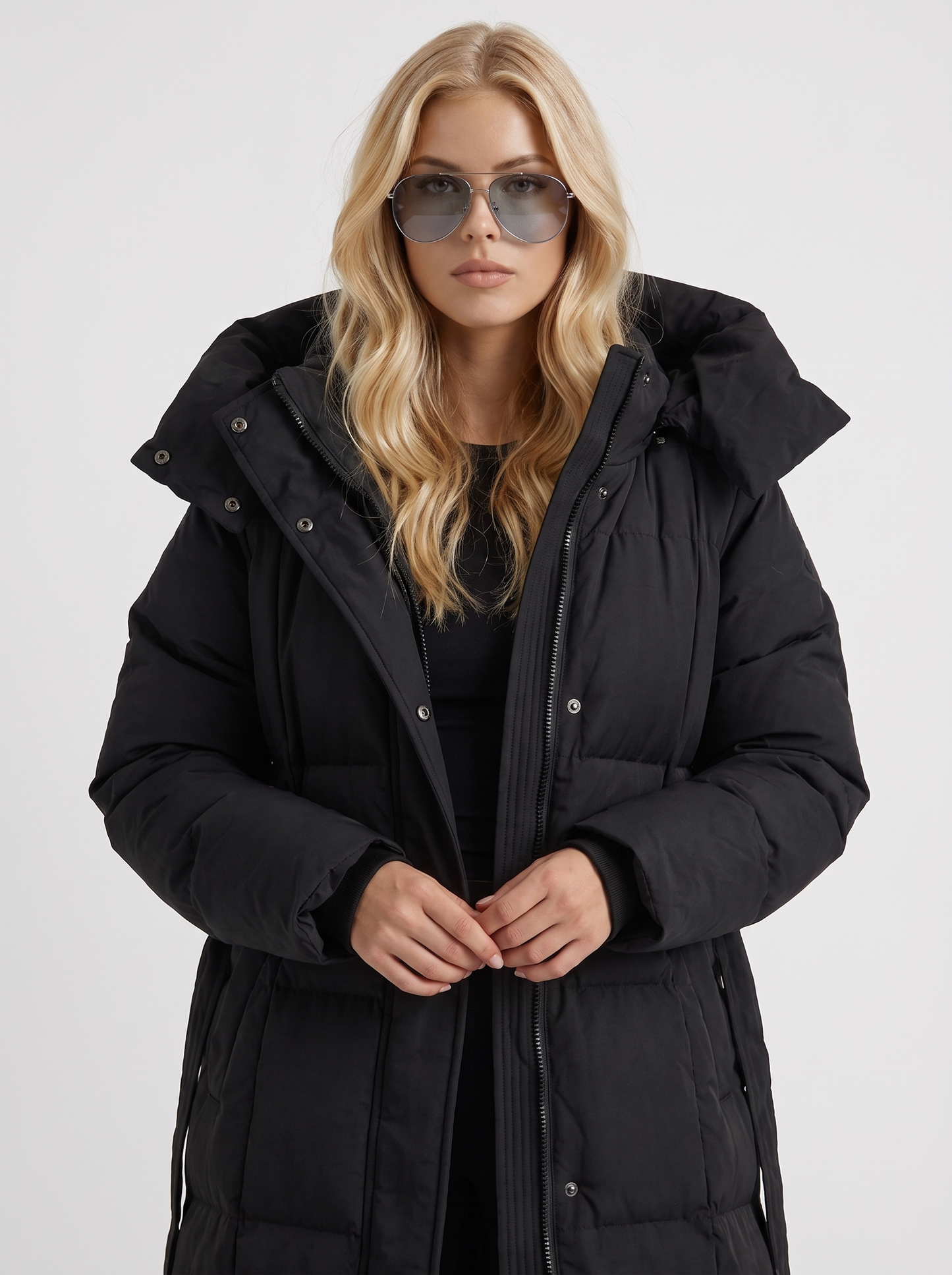 Women black coat with vertical quilting and hooded design
