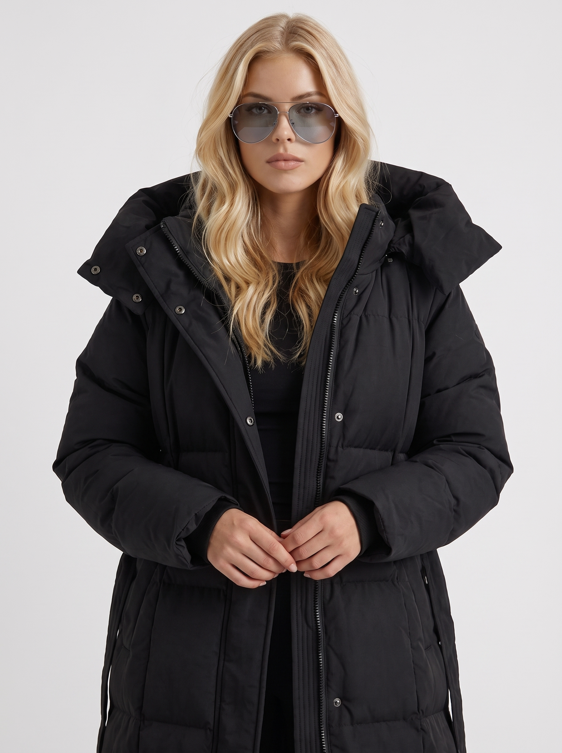 Women black coat with vertical quilting and hooded design
