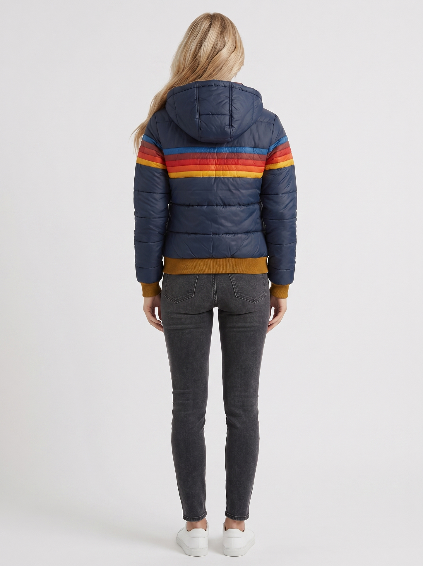 Women navy blue jacket with sherpa lined hood and striped chest panel