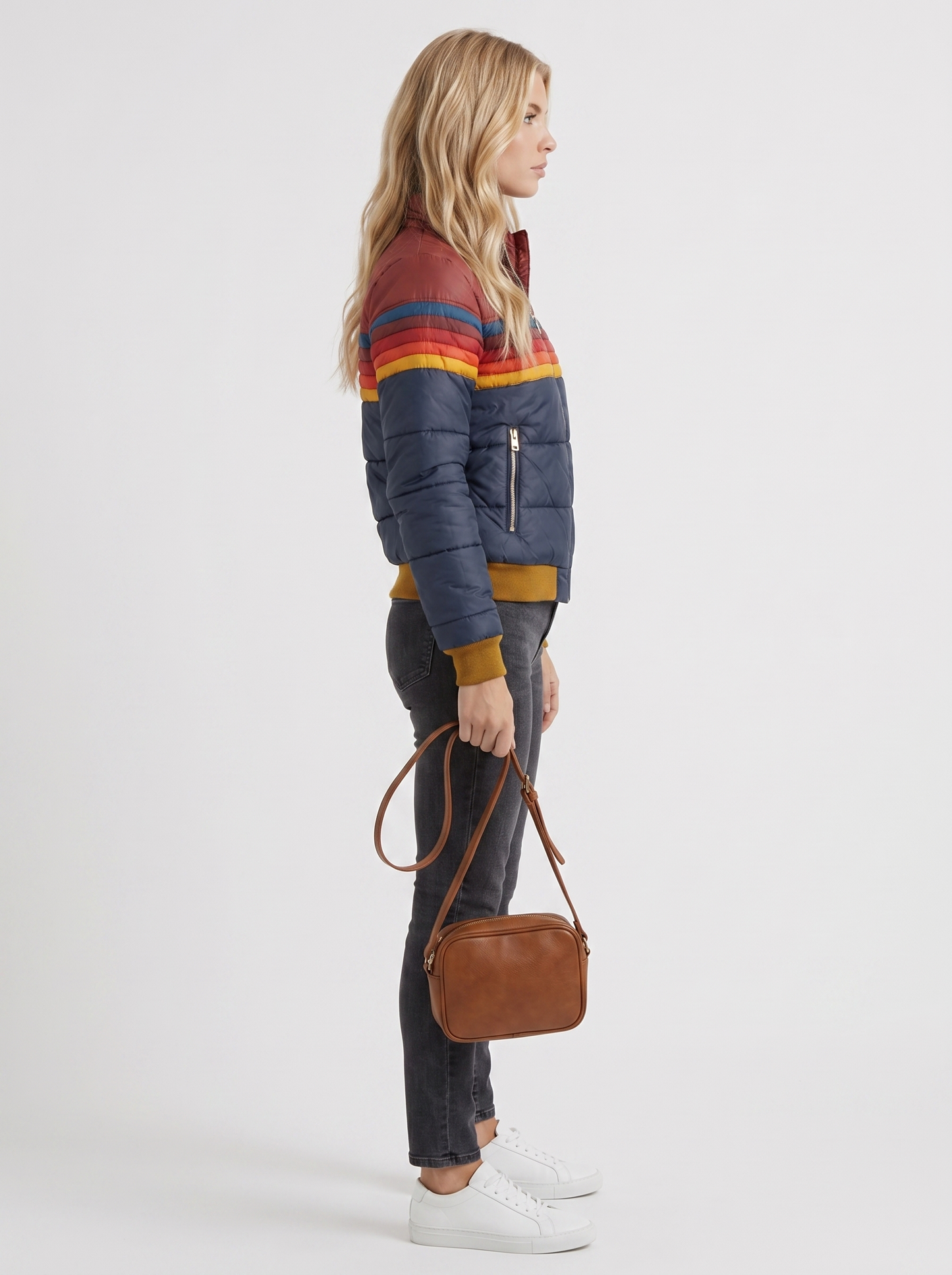 Women navy blue jacket with sherpa lined hood and striped chest panel
