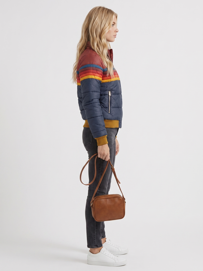 Women navy blue jacket with sherpa lined hood and striped chest panel