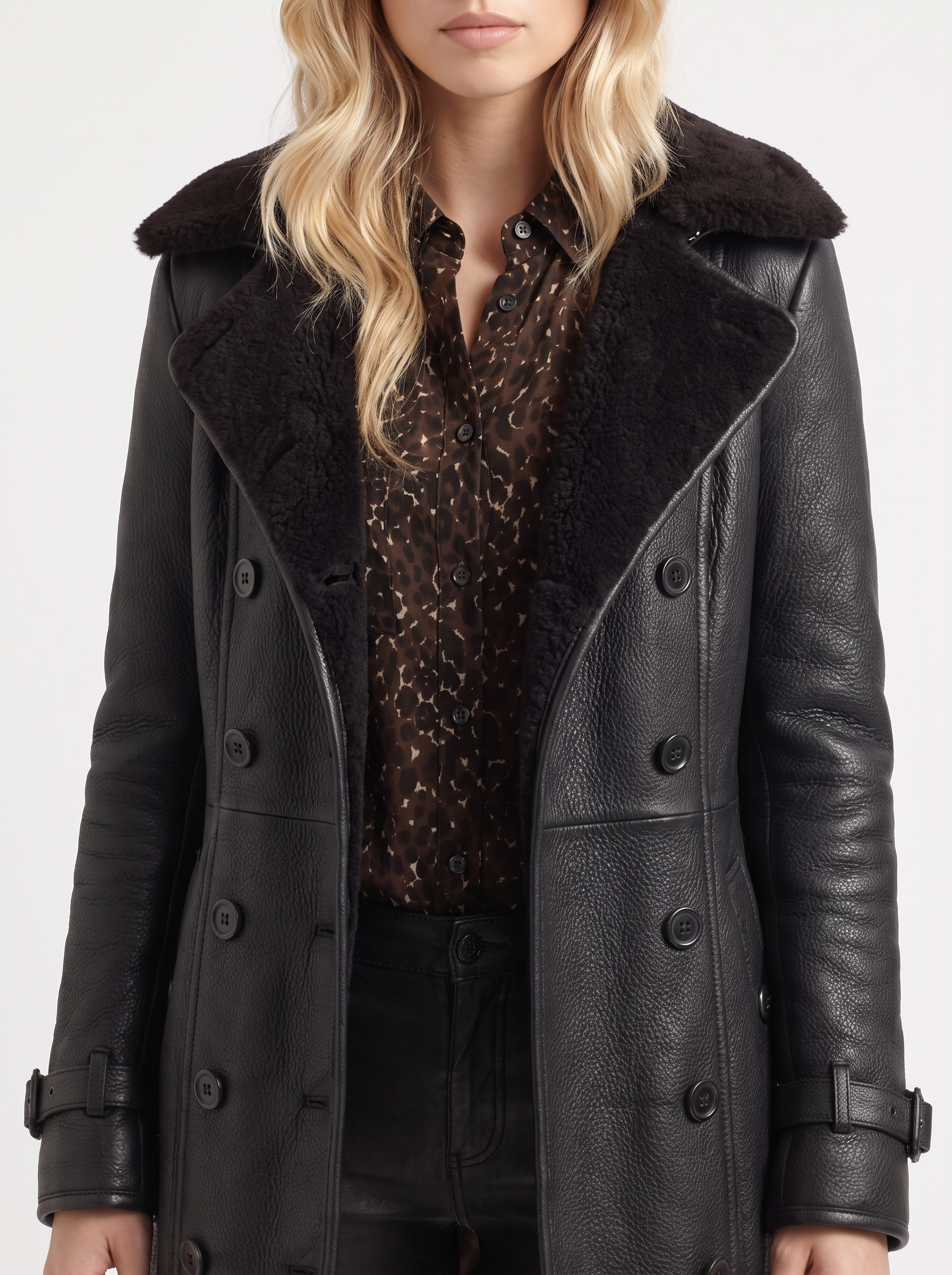 Women black coat with shearling collar and double breasted front