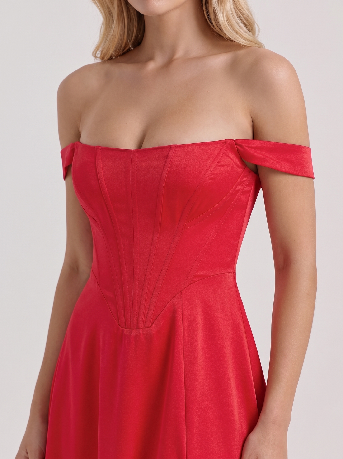 Women red midi dress with off shoulder neckline and corset bodice
