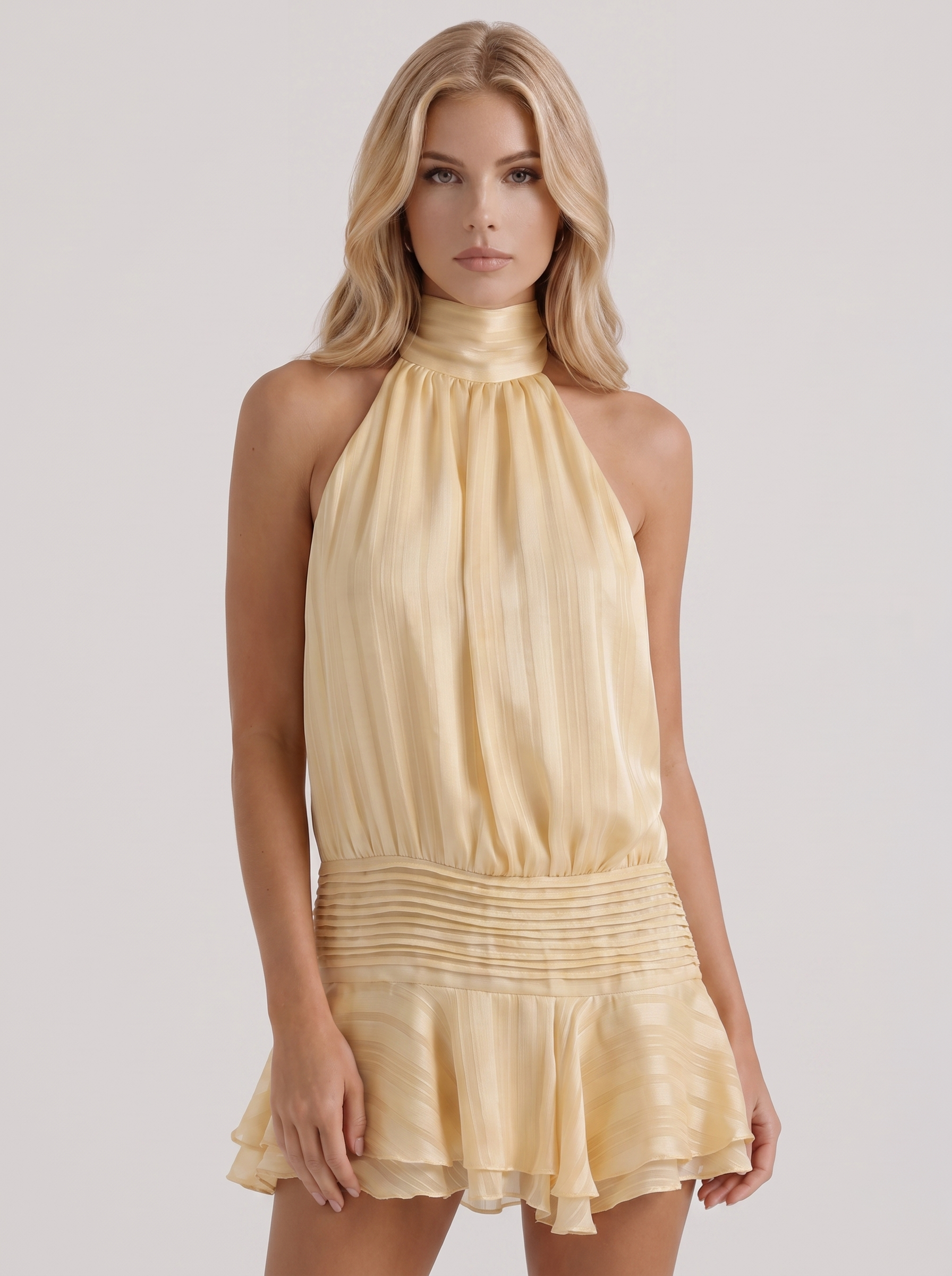 Women yellow mini dress with halter neckline and pleated fabric