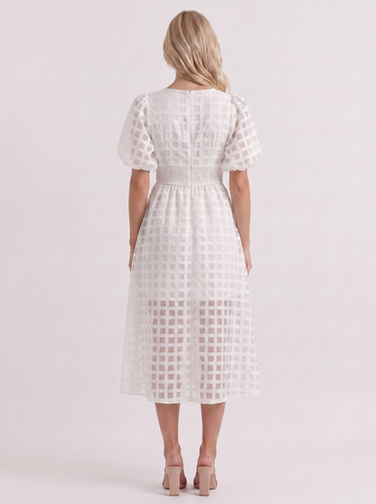 Colette Windowpane Midi Dress in White - midi dress front view