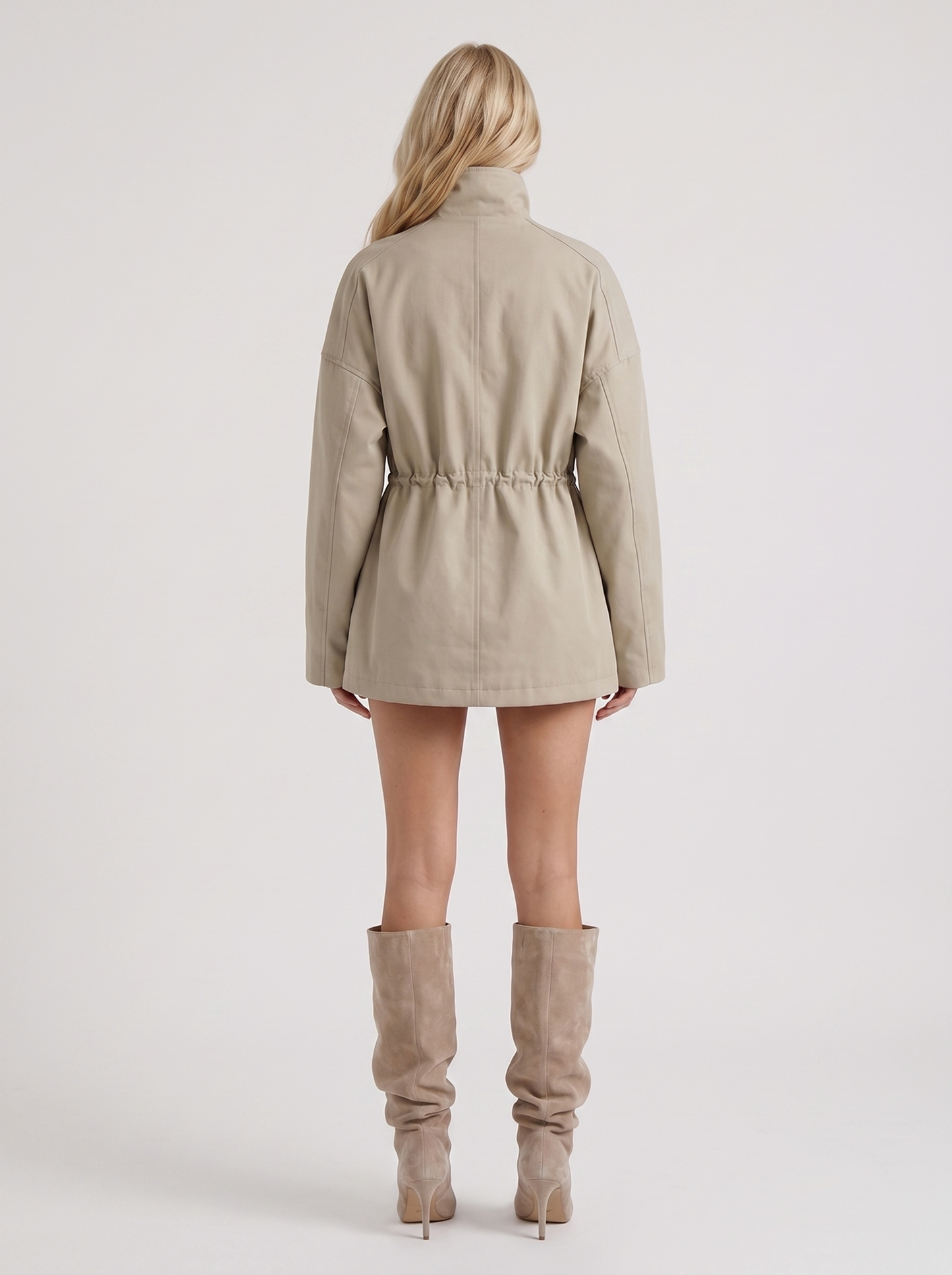 Women light khaki jacket with stand collar and zip and snap front