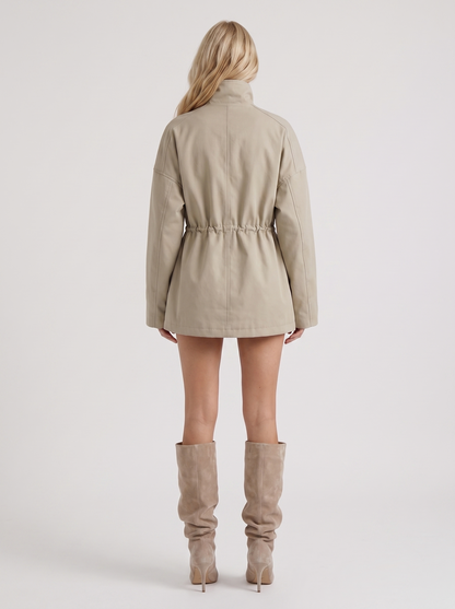 Women light khaki jacket with stand collar and zip and snap front