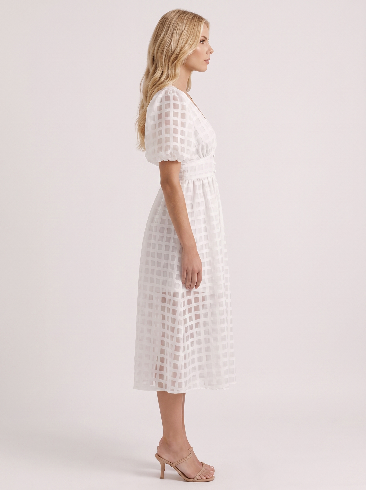 Colette Windowpane Midi Dress in White - midi dress front view