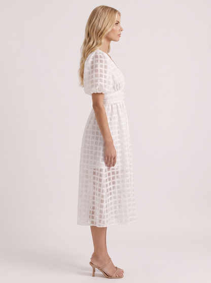 Colette Windowpane Midi Dress in White - midi dress front view