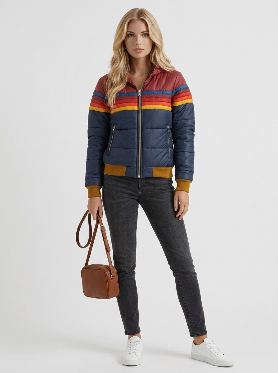 Women navy blue jacket with sherpa lined hood and striped chest panel