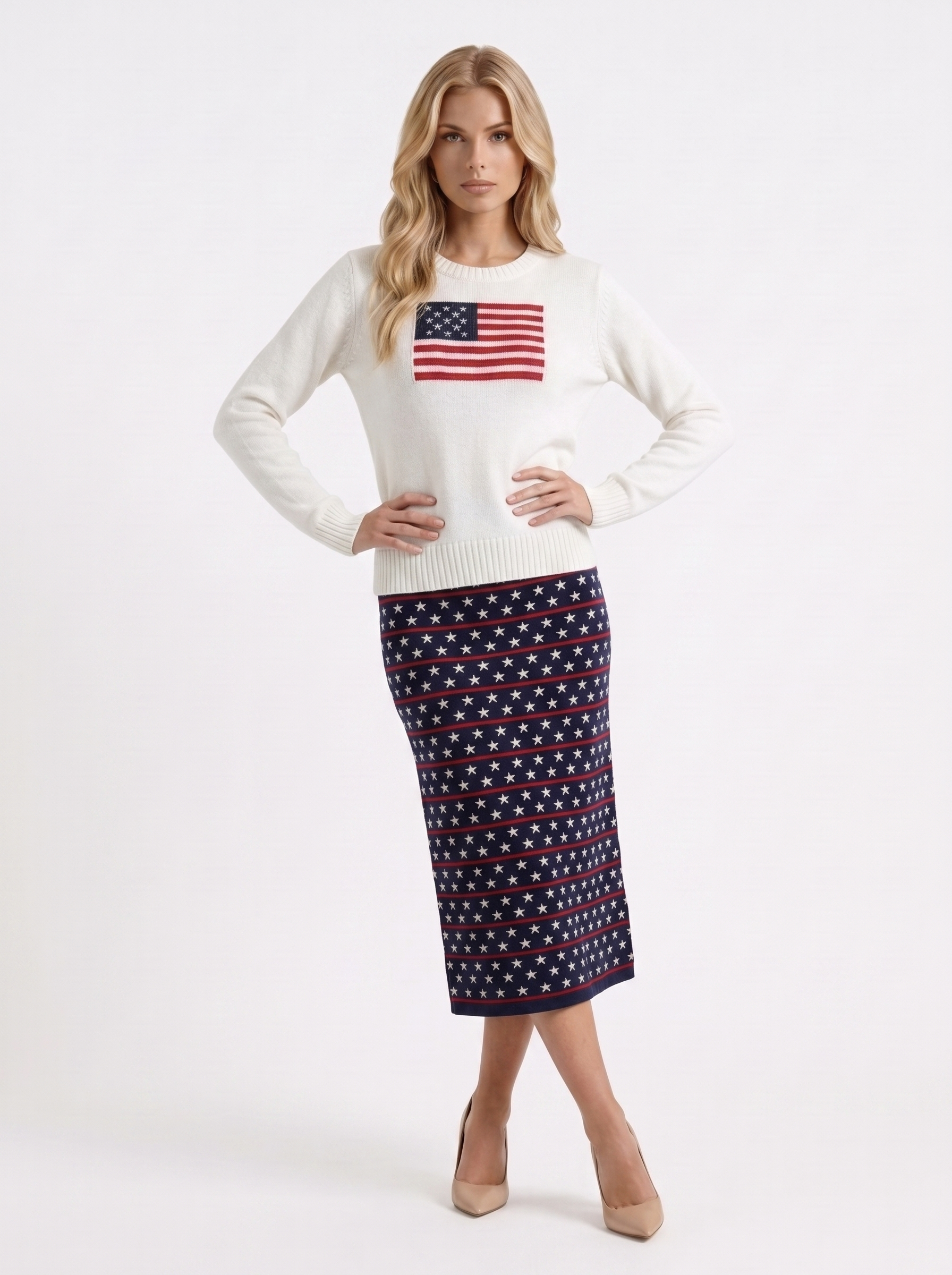 Women white sweater with crew neckline and flag graphic