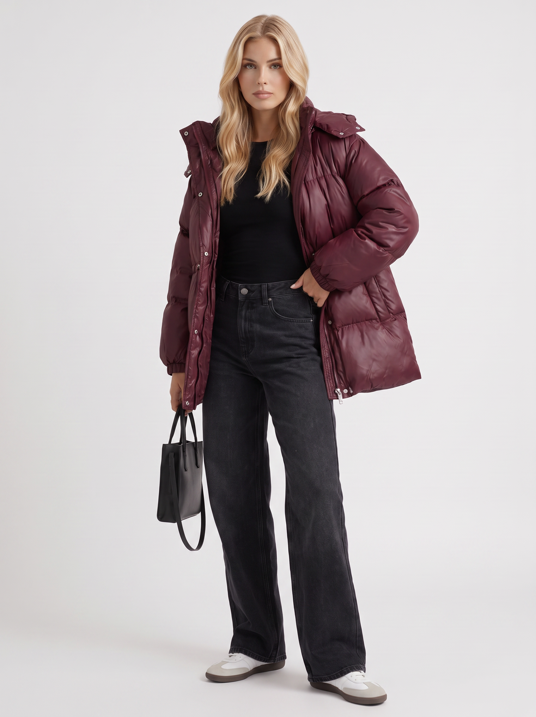 Women wine red jacket with hooded design and zip front closure