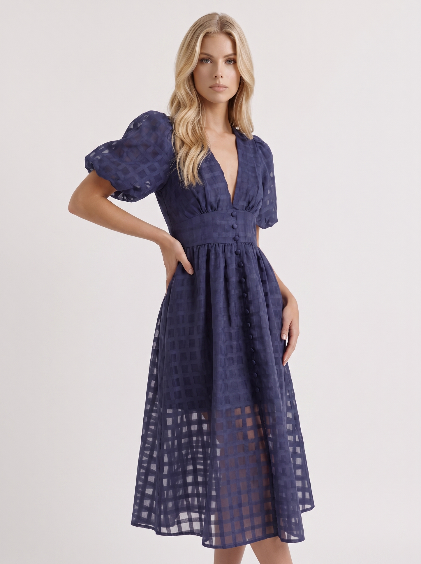 Colette Windowpane Midi Dress in Navy - midi dress front view