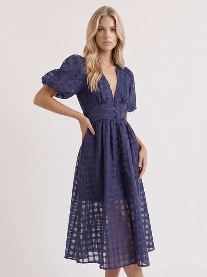 Colette Windowpane Midi Dress in Navy - midi dress front view