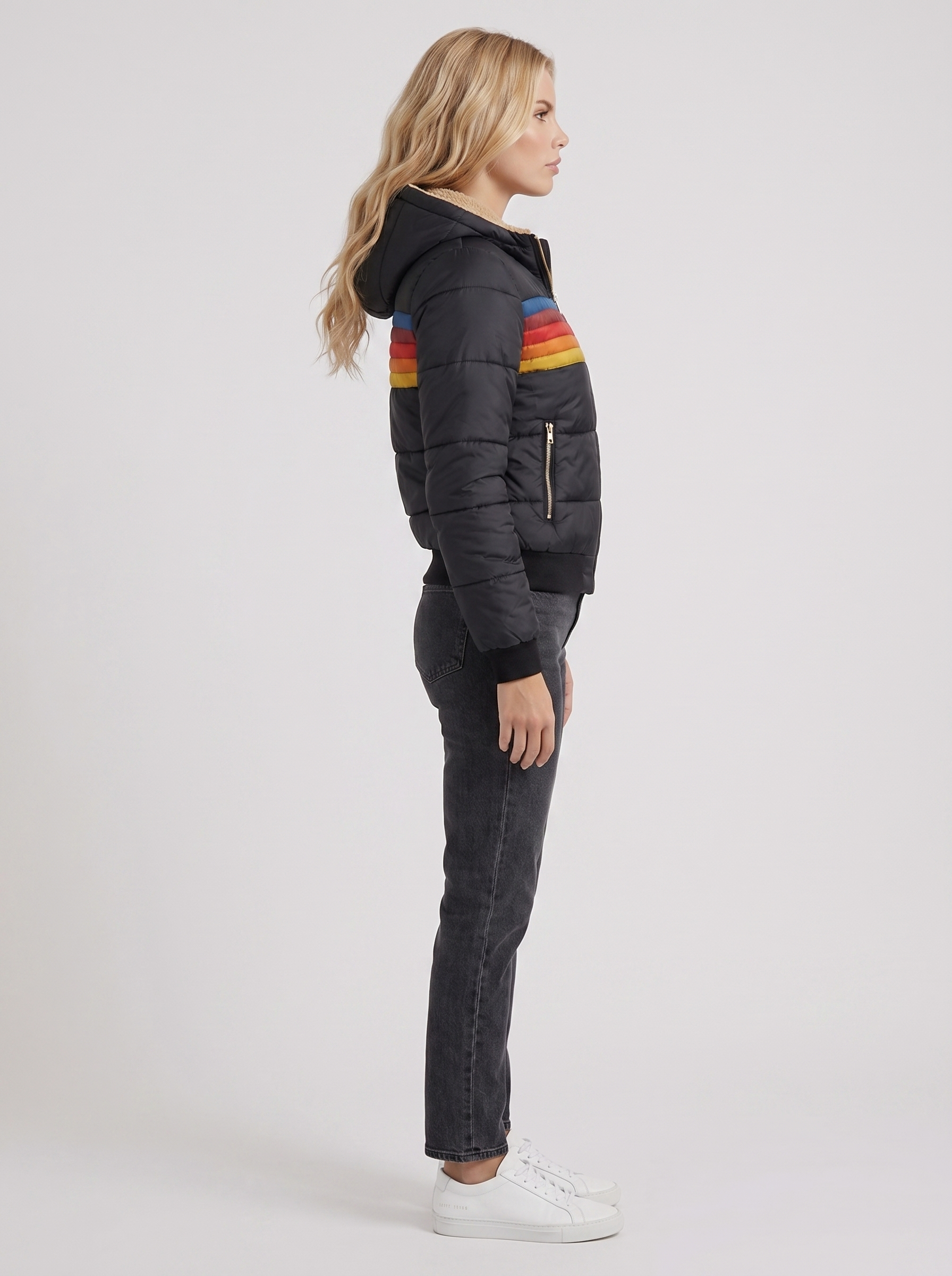 Women black jacket with sherpa lined hood and striped chest panel