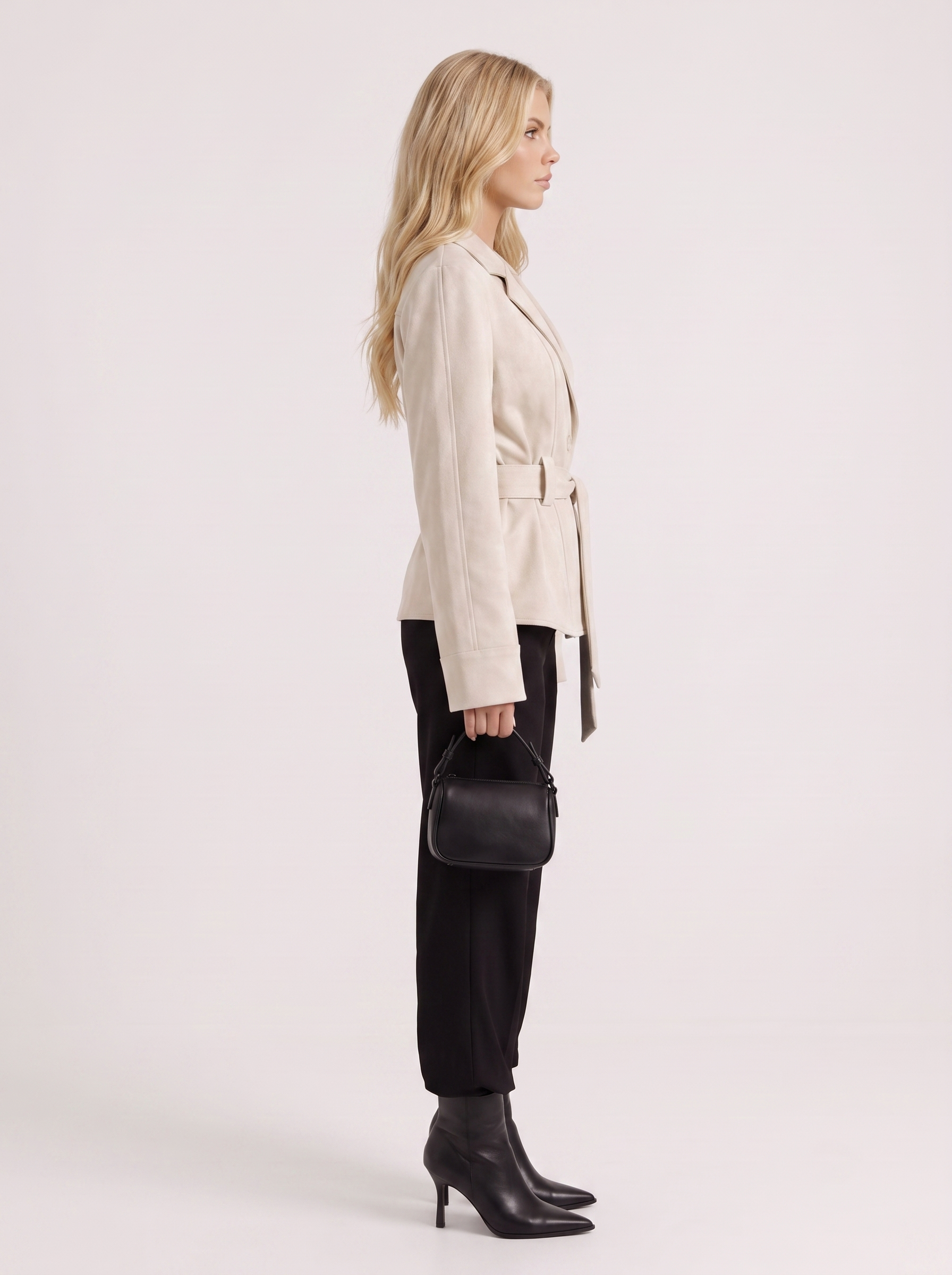 Women beige jacket with shawl collar and wrap front