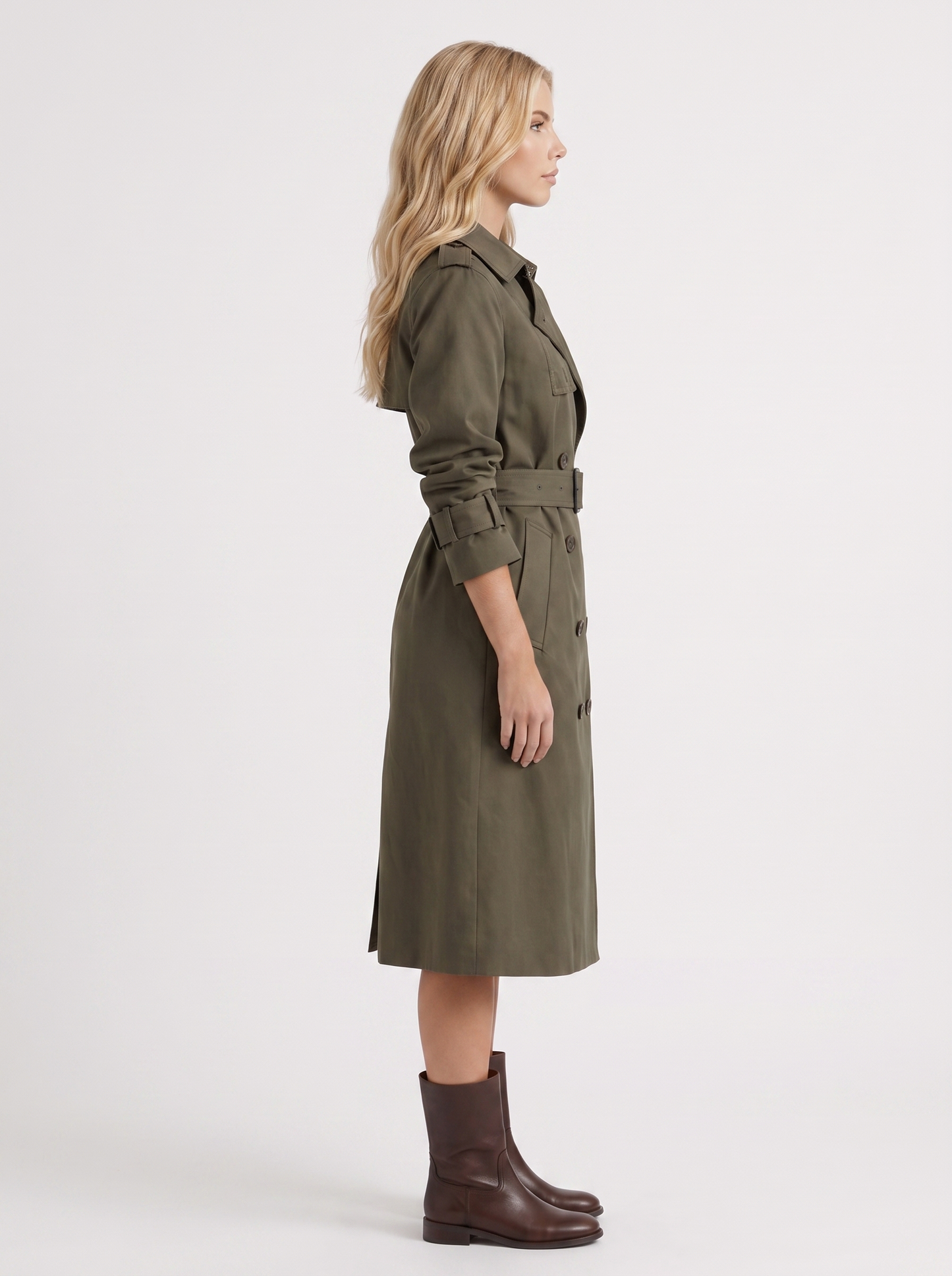 Women dark green trench coat with double breasted front and collar and epaulettes