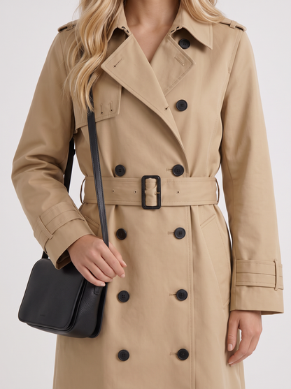 Women beige trench coat with double breasted front and collar and epaulettes