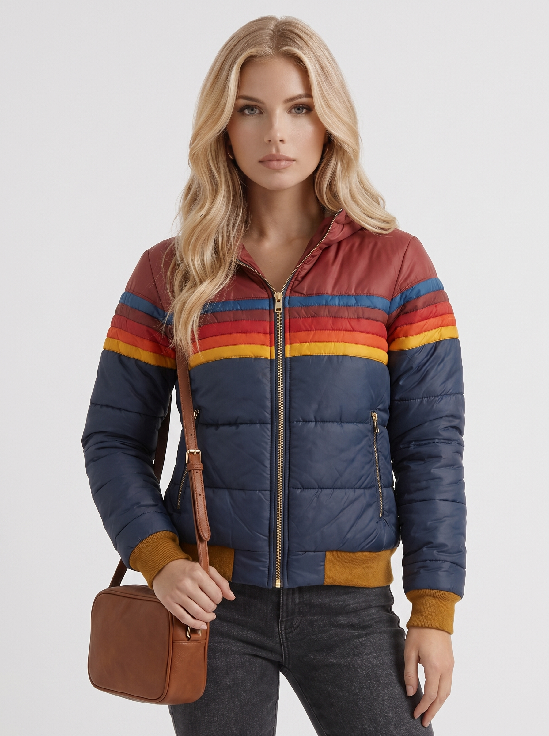 Women navy blue jacket with sherpa lined hood and striped chest panel