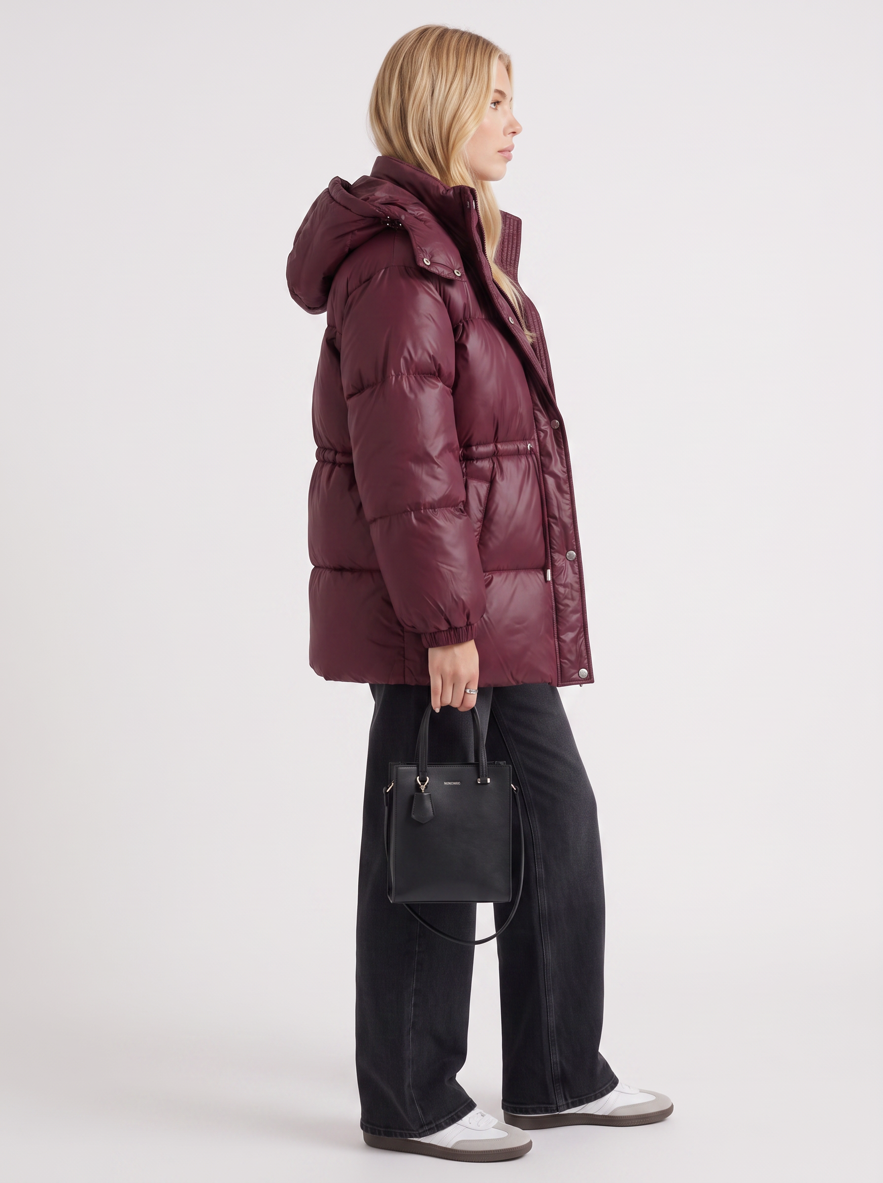 Women wine red jacket with hooded design and zip front closure