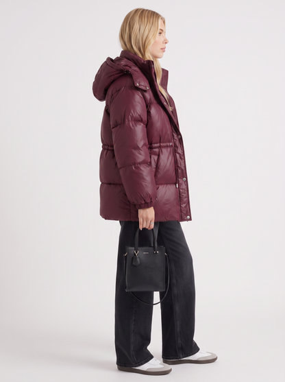 Women wine red jacket with hooded design and zip front closure
