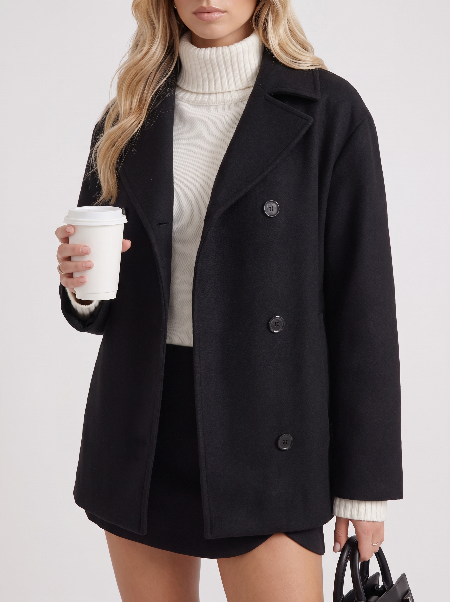 Isla Oversized Peacoat in Black - coat front view