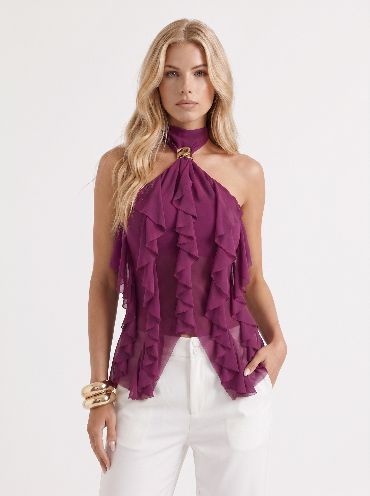 Romy Ruffle Top in Purple - top front view