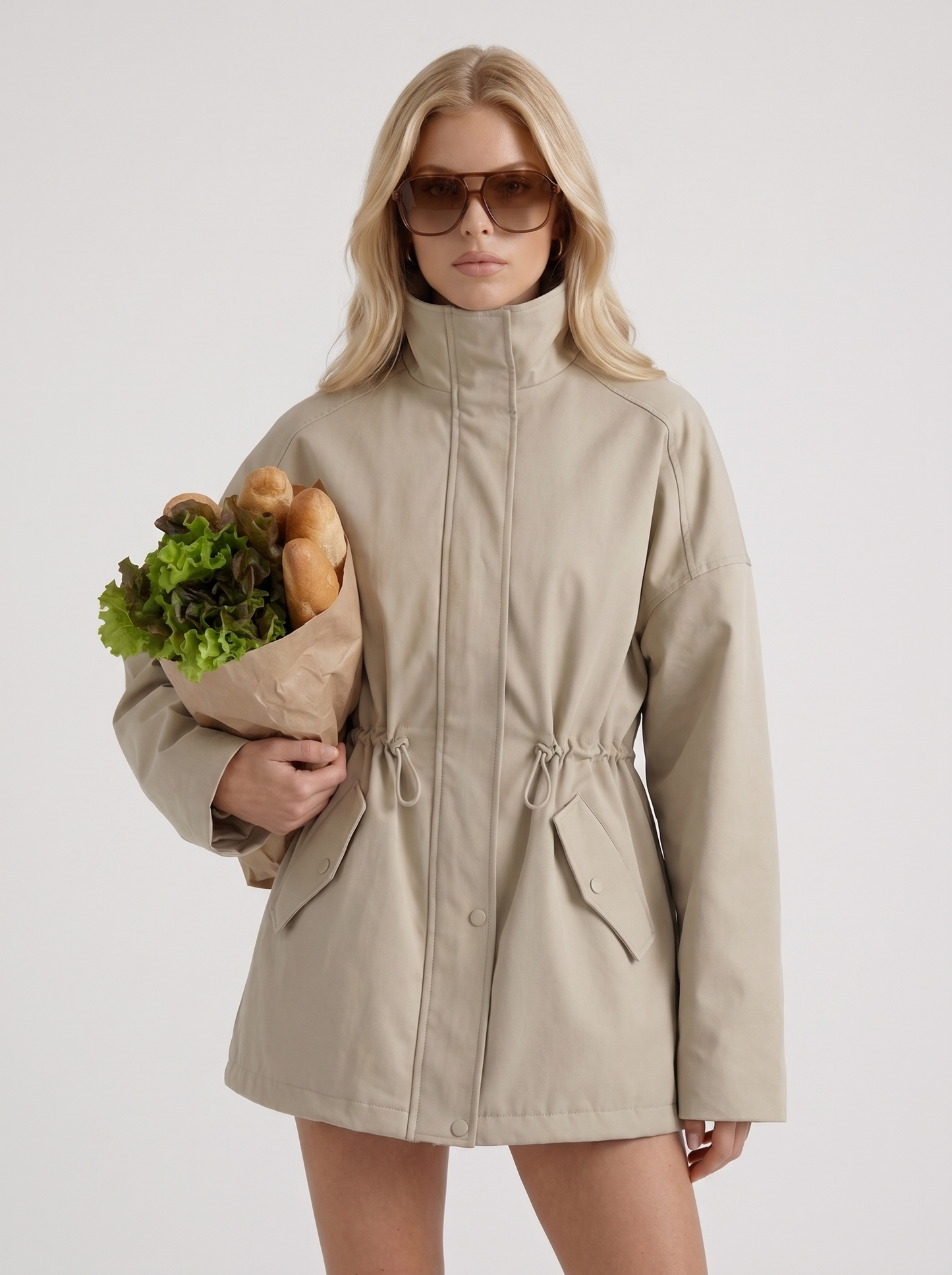 Women light khaki jacket with stand collar and zip and snap front