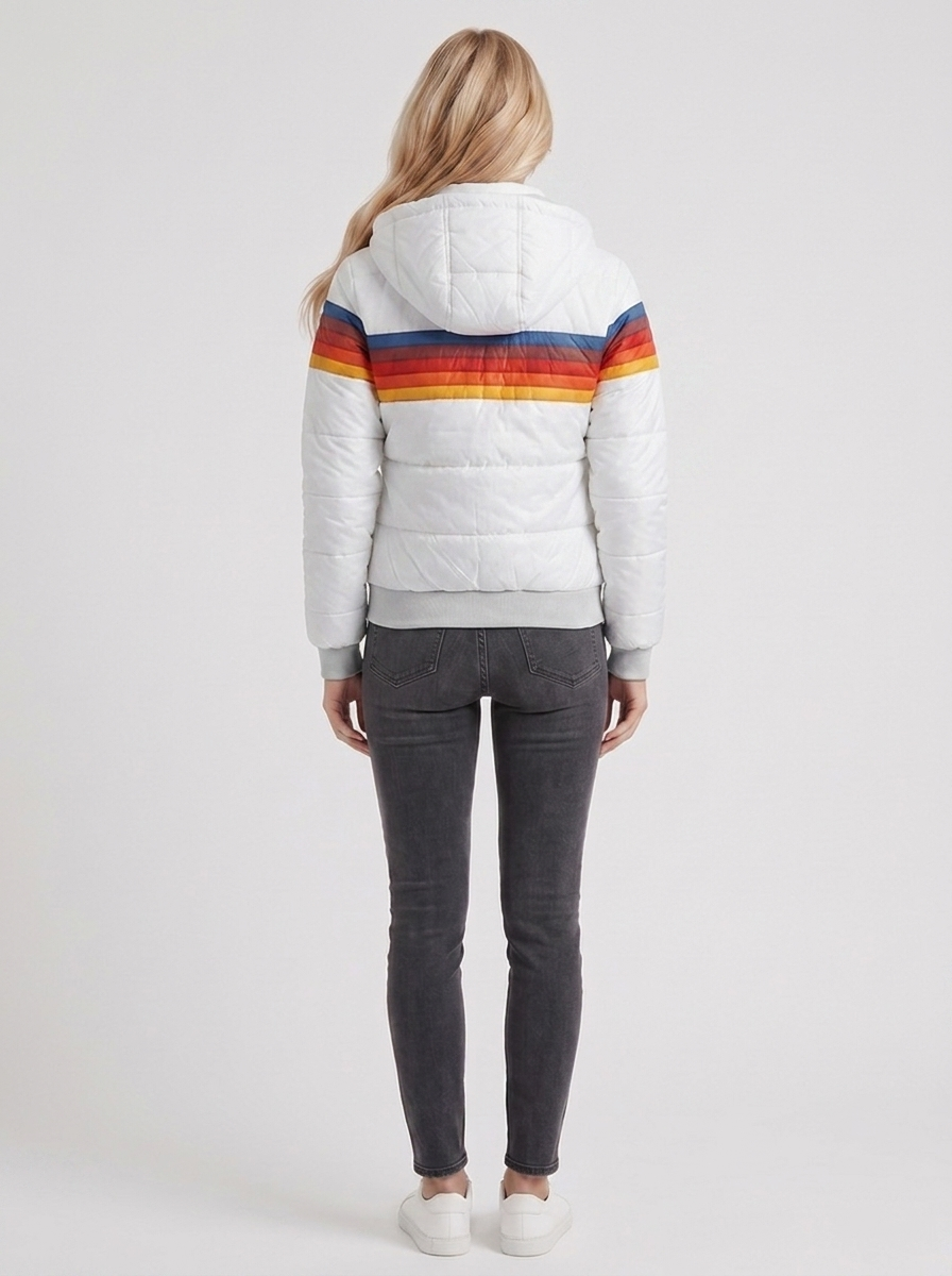 Women white jacket with sherpa lined hood and striped chest panel