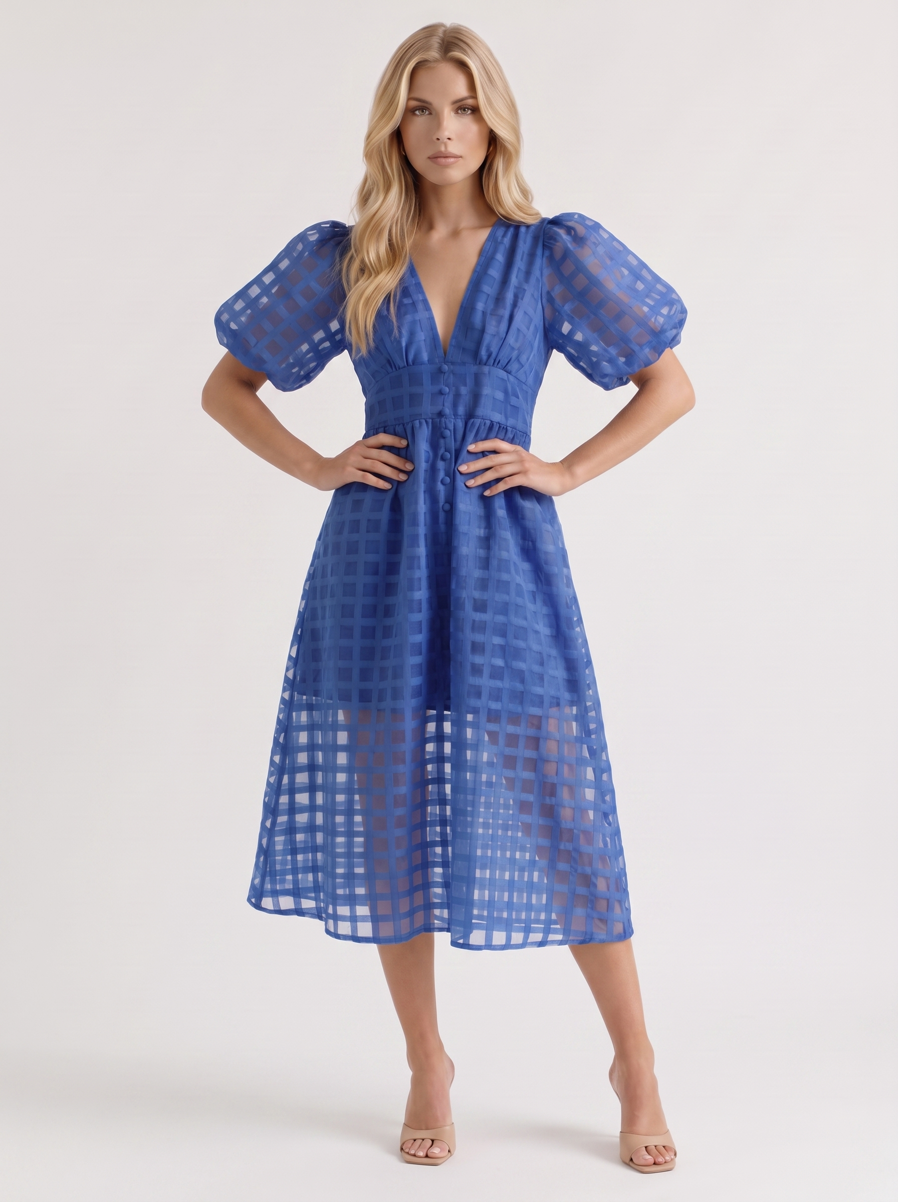 Colette Windowpane Midi Dress in Blue - midi dress front view
