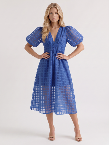 Colette Windowpane Midi Dress in Blue - midi dress front view