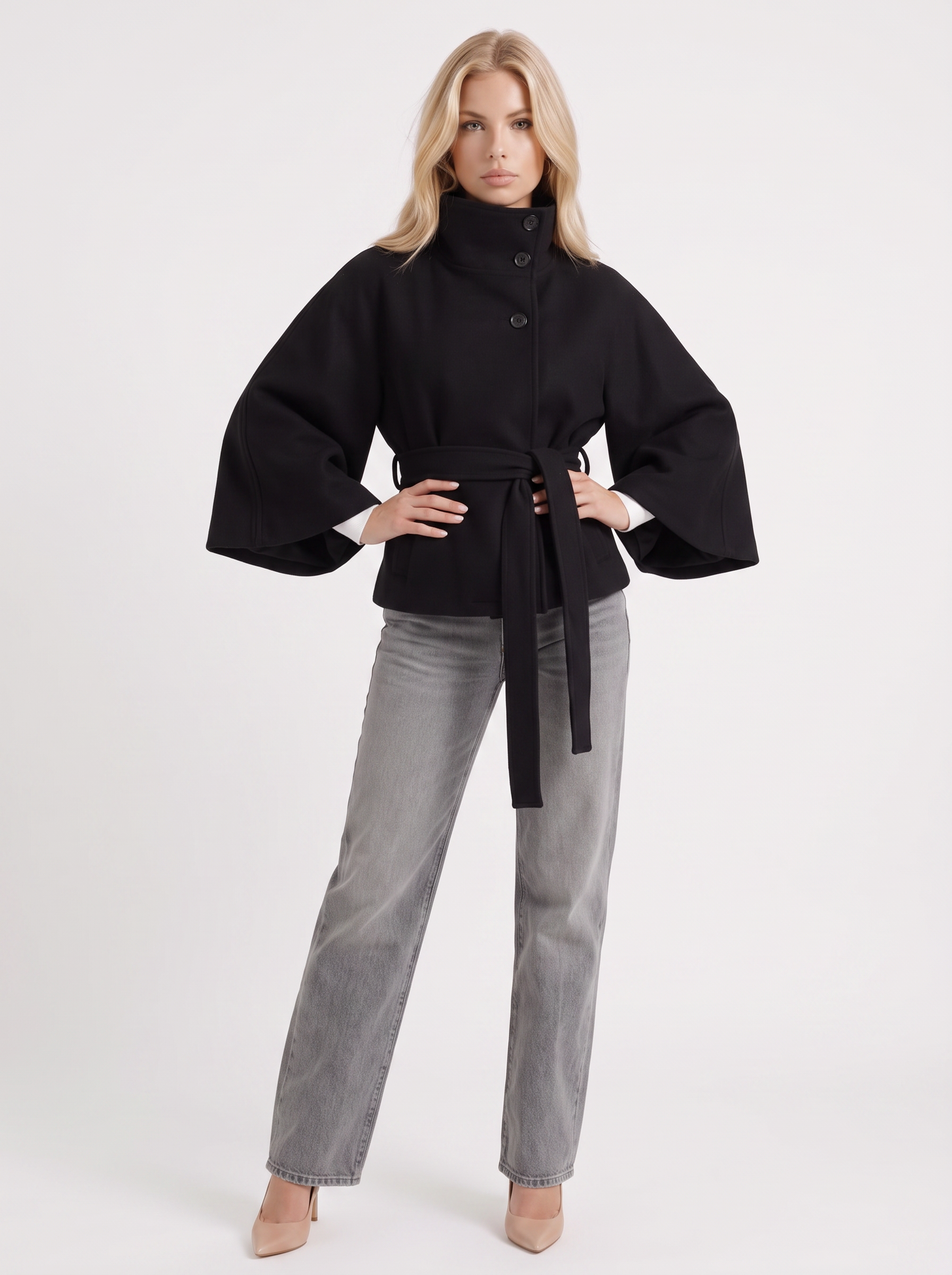 Josephine Cape Coat in Black - coat front view
