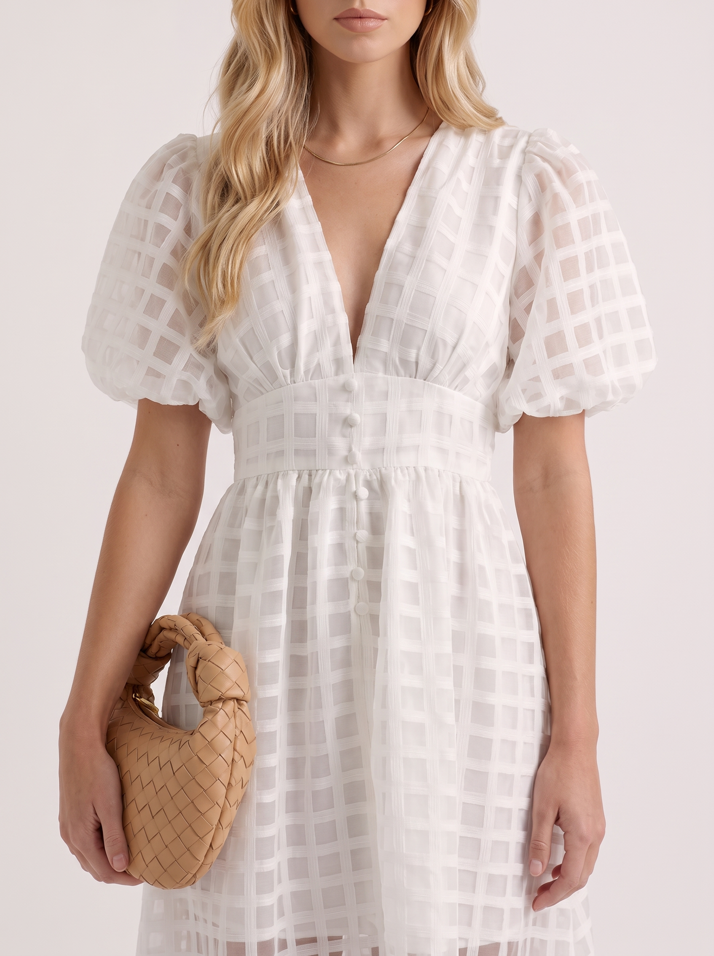Colette Windowpane Midi Dress in White - midi dress front view