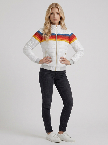Women white jacket with sherpa lined hood and striped chest panel