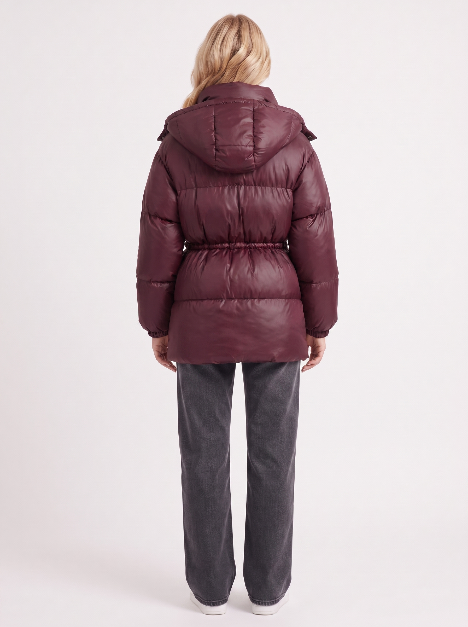 Women wine red jacket with hooded design and zip front closure