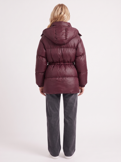 Women wine red jacket with hooded design and zip front closure