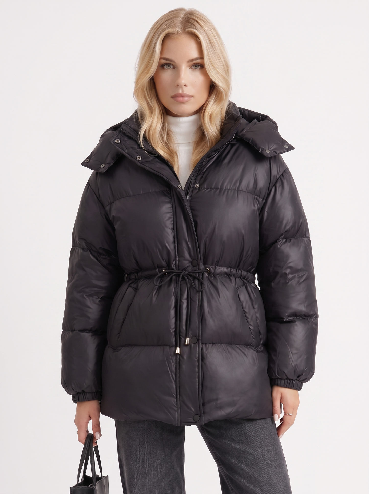 Women black jacket with hooded design and zip front closure
