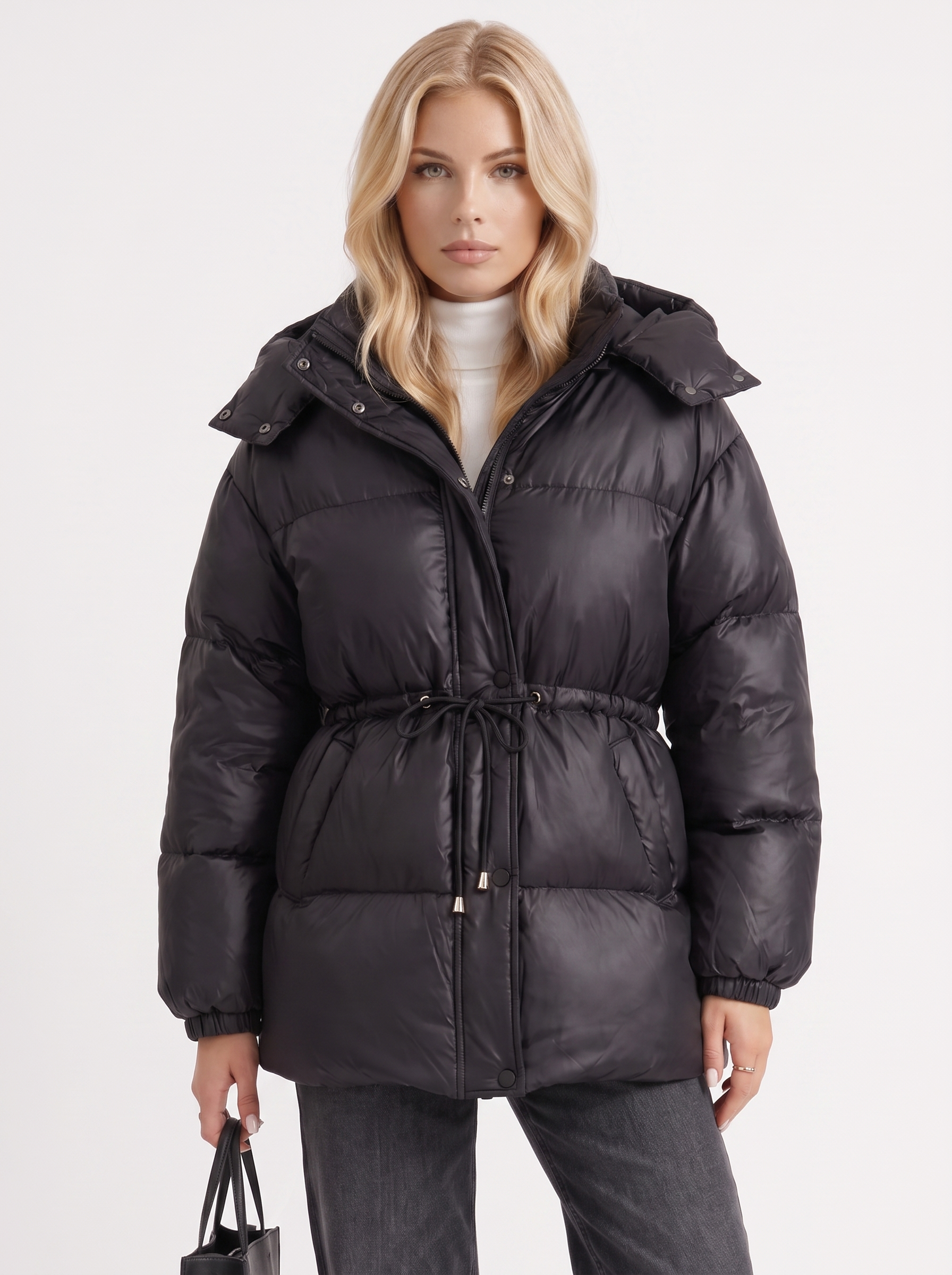 Women black jacket with hooded design and zip front closure