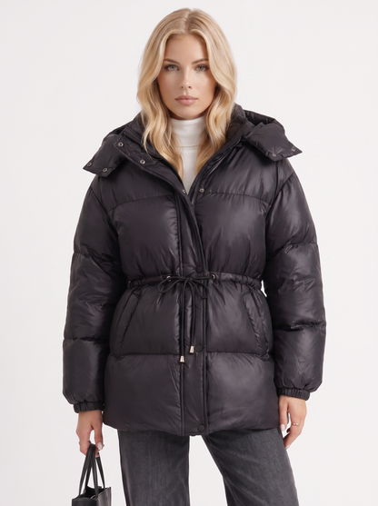 Women black jacket with hooded design and zip front closure