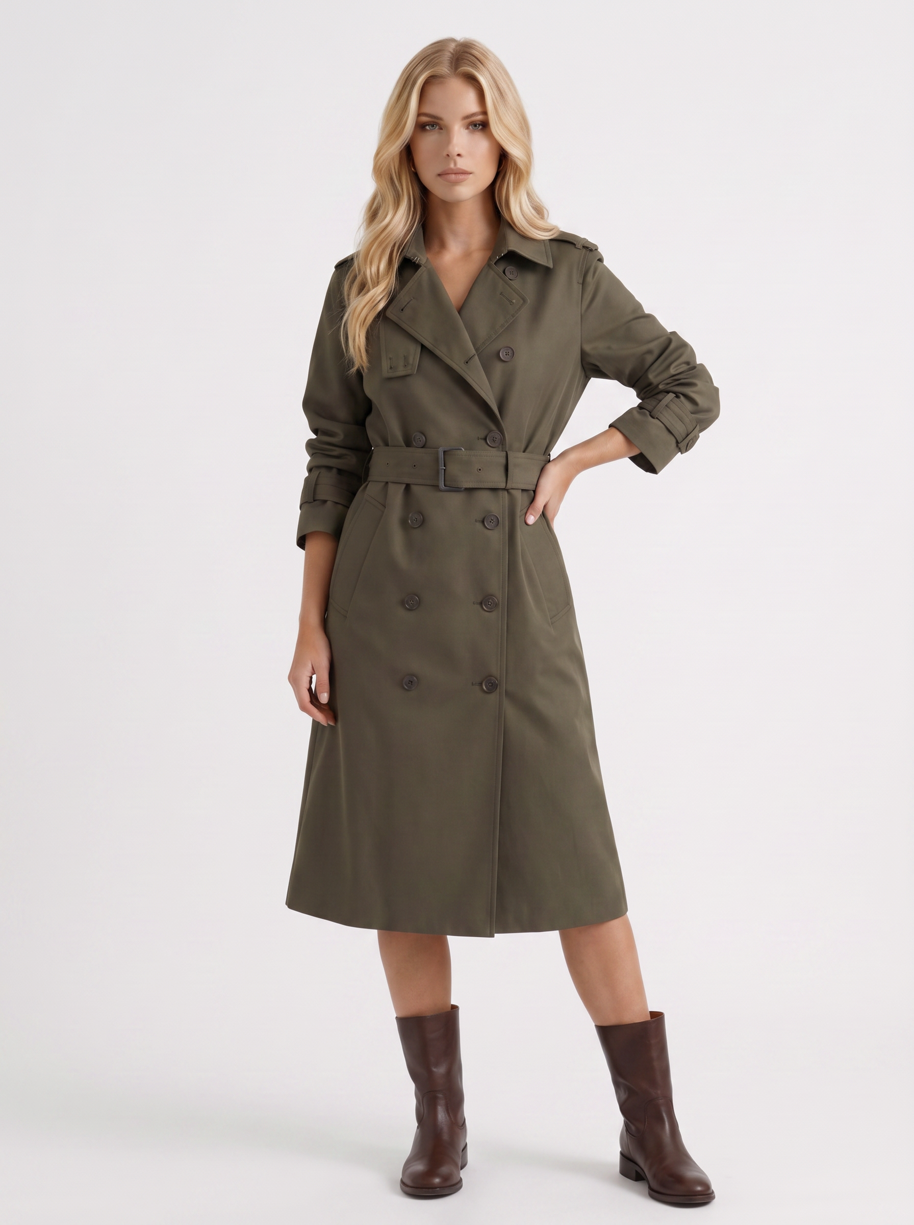Women dark green trench coat with double breasted front and collar and epaulettes