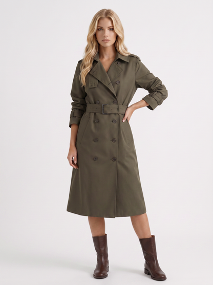 Women dark green trench coat with double breasted front and collar and epaulettes