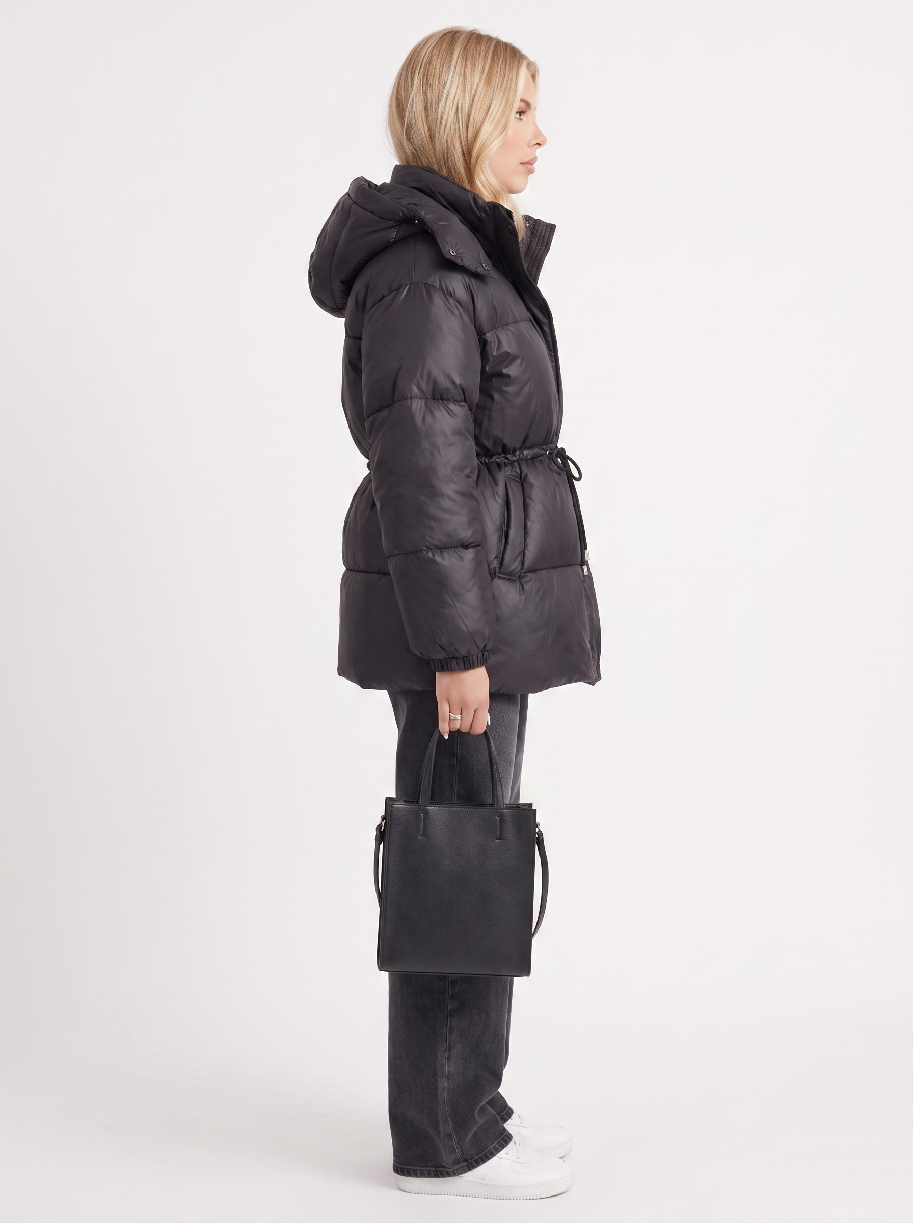 Women black jacket with hooded design and zip front closure