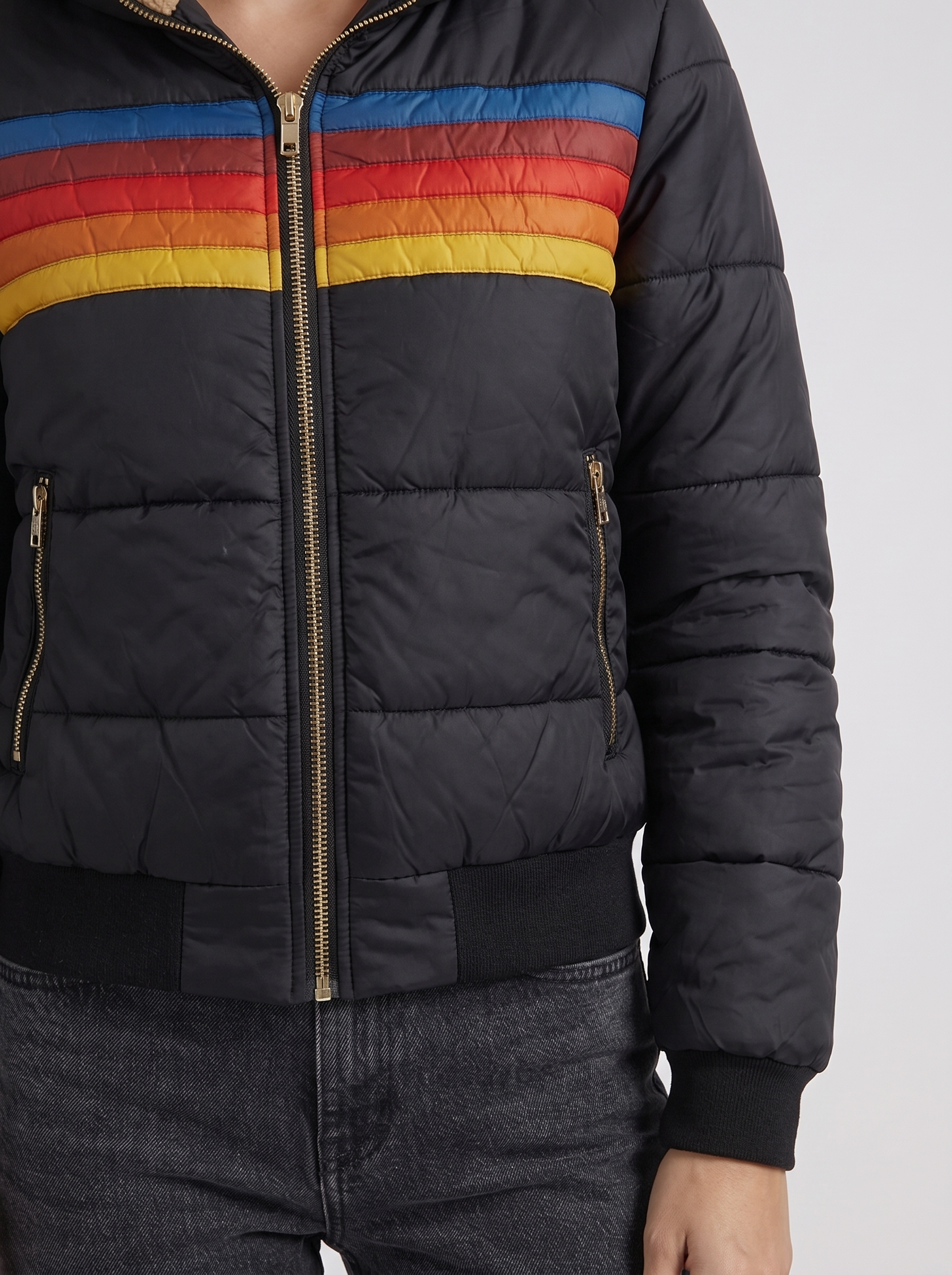 Women black jacket with sherpa lined hood and striped chest panel