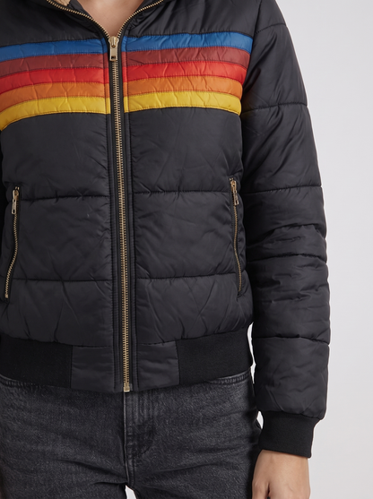 Women black jacket with sherpa lined hood and striped chest panel